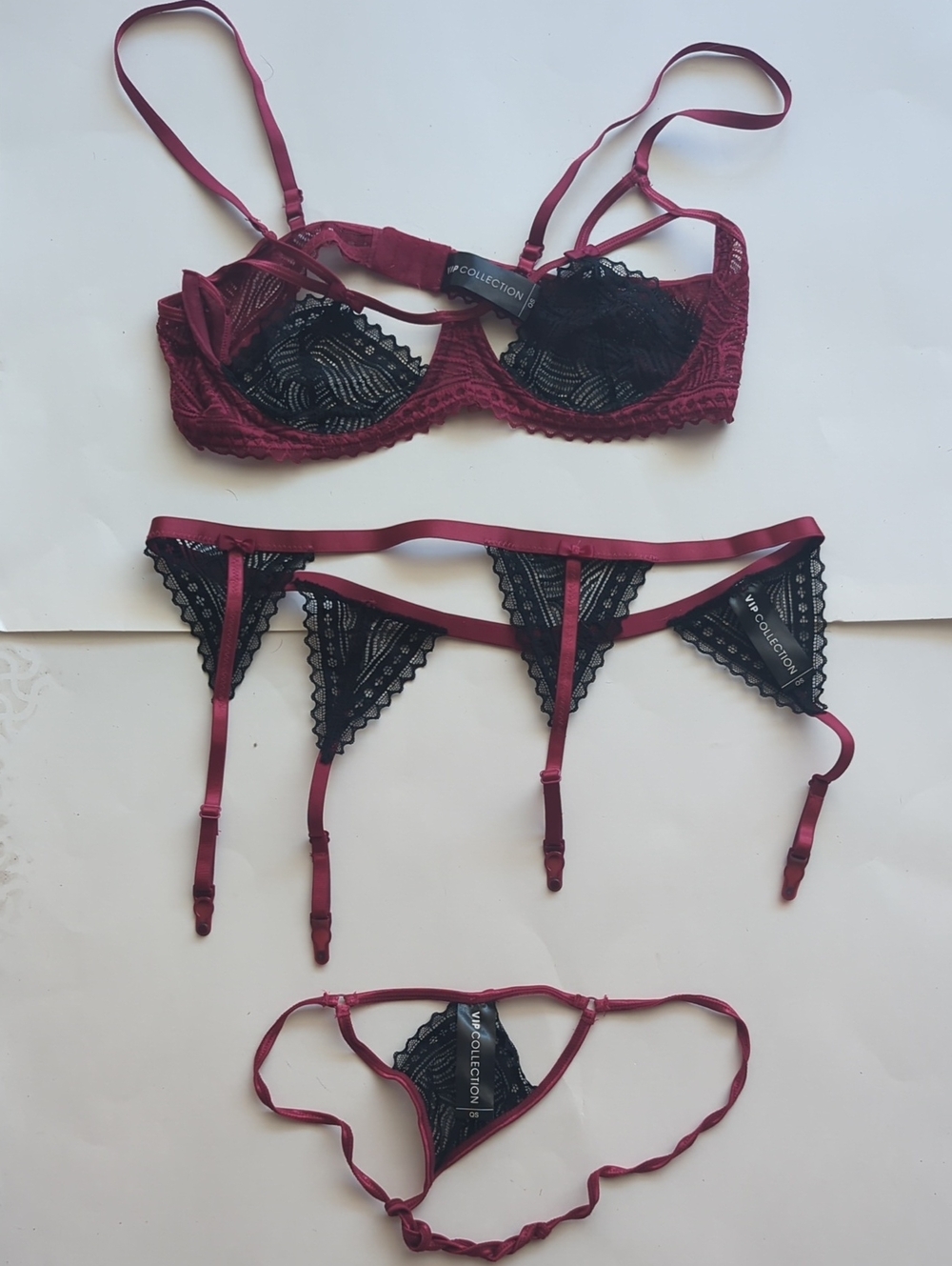 VIP Collection 3-Piece Burgundy and Black Lace Lingerie Set